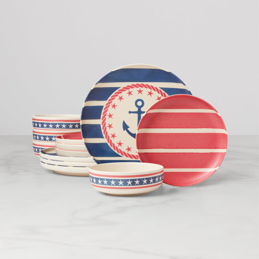 24 Seven Melamine, Aweigh We Go 12-Piece Dinnerware Set