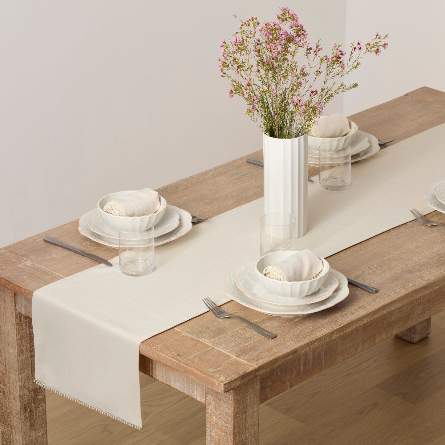 French Perle Solid Natural White 14x90 Table Runner